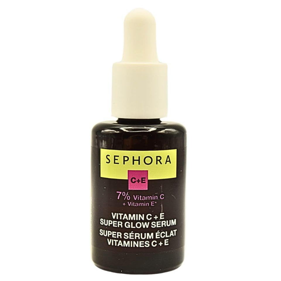 SEPHORA Super Glow Serum bottle highlights vitamin C+E for radiant, even-toned skin.