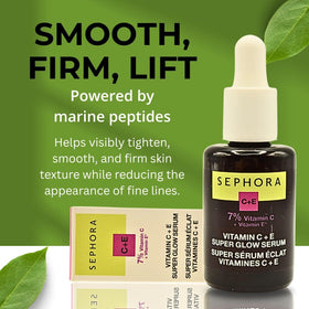 SEPHORA Super Glow Serum ingredients showcase vitamin C+E and marine peptides.