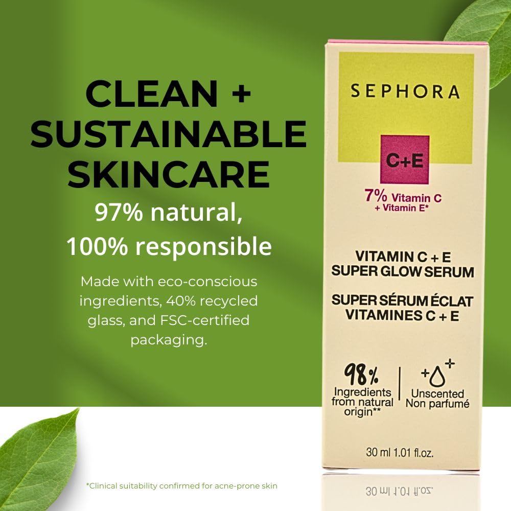 SEPHORA Super Glow Serum packaging Eco-friendly bottle with 40% recycled glass.