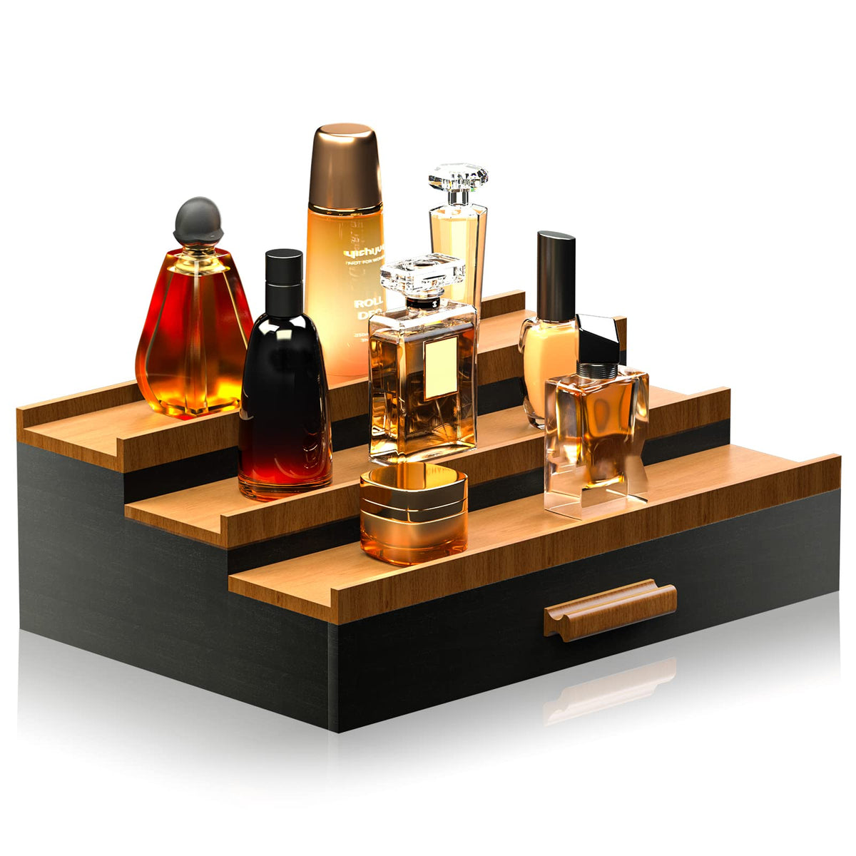 Sephyroth Cologne Organizer 3-tier display keeps bottles neatly arranged and accessible.
