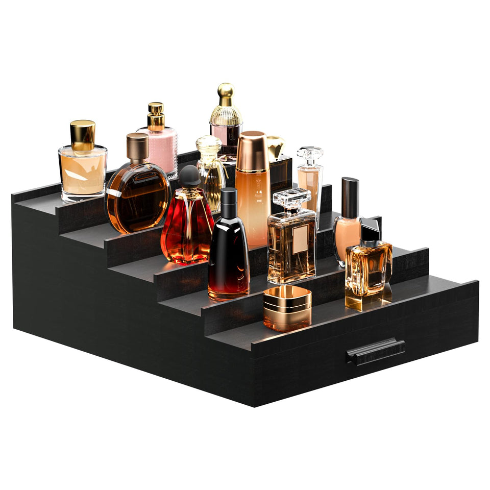 Sephyroth 5T bamboo perfume organizer on a dresser displaying bottles clearly.