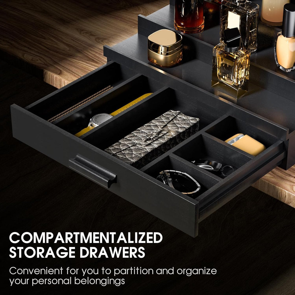 Sephyroth 5T bamboo organizer drawer opened to reveal dividers.
