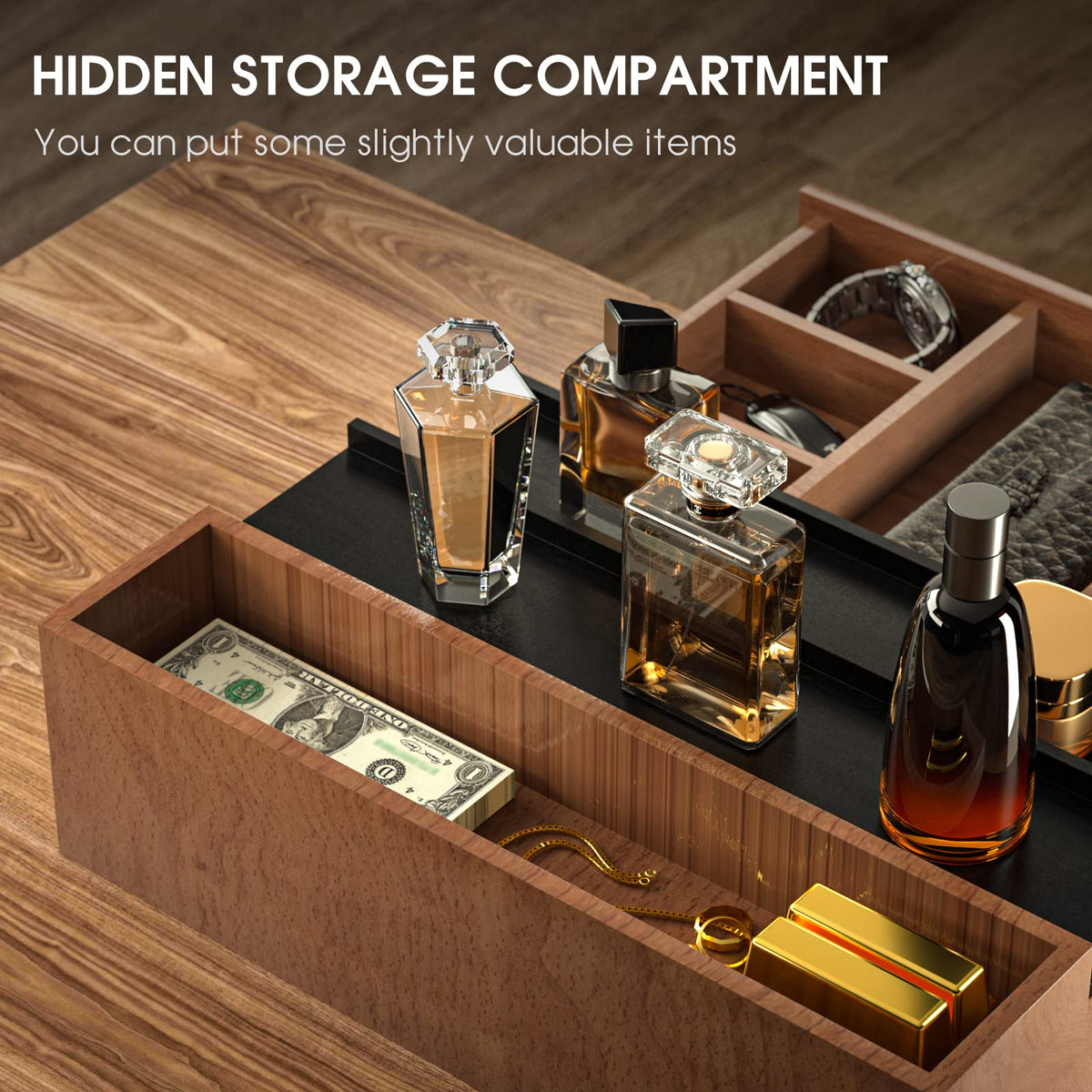 Sephyroth bamboo organizer with walnut black finish complements any dresser