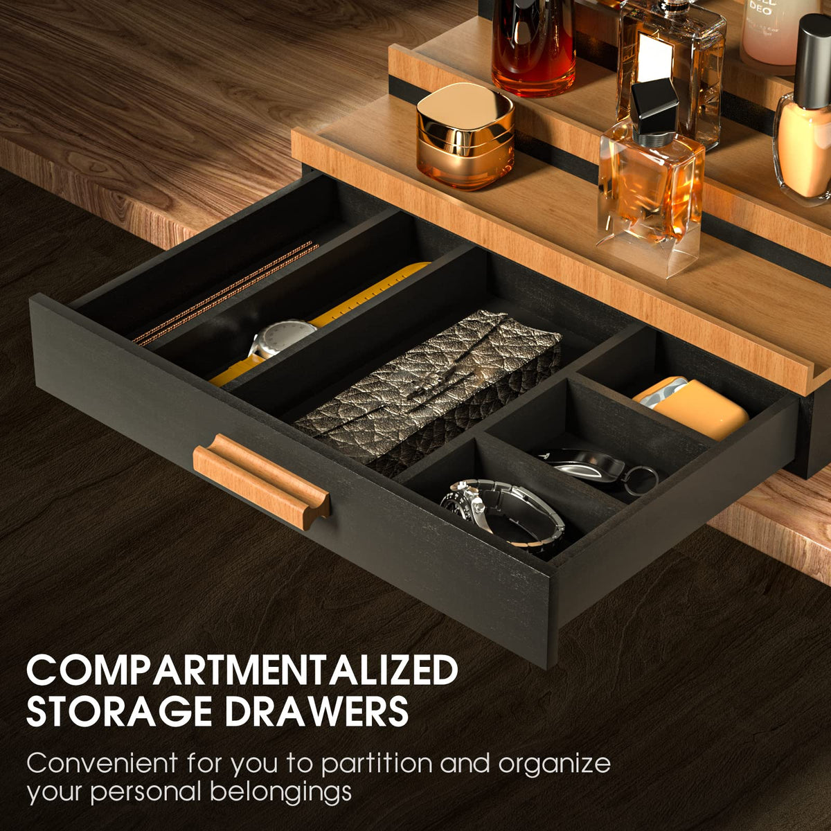 Sephyroth drawer storage compartment stores watches, rings, and keys securely.