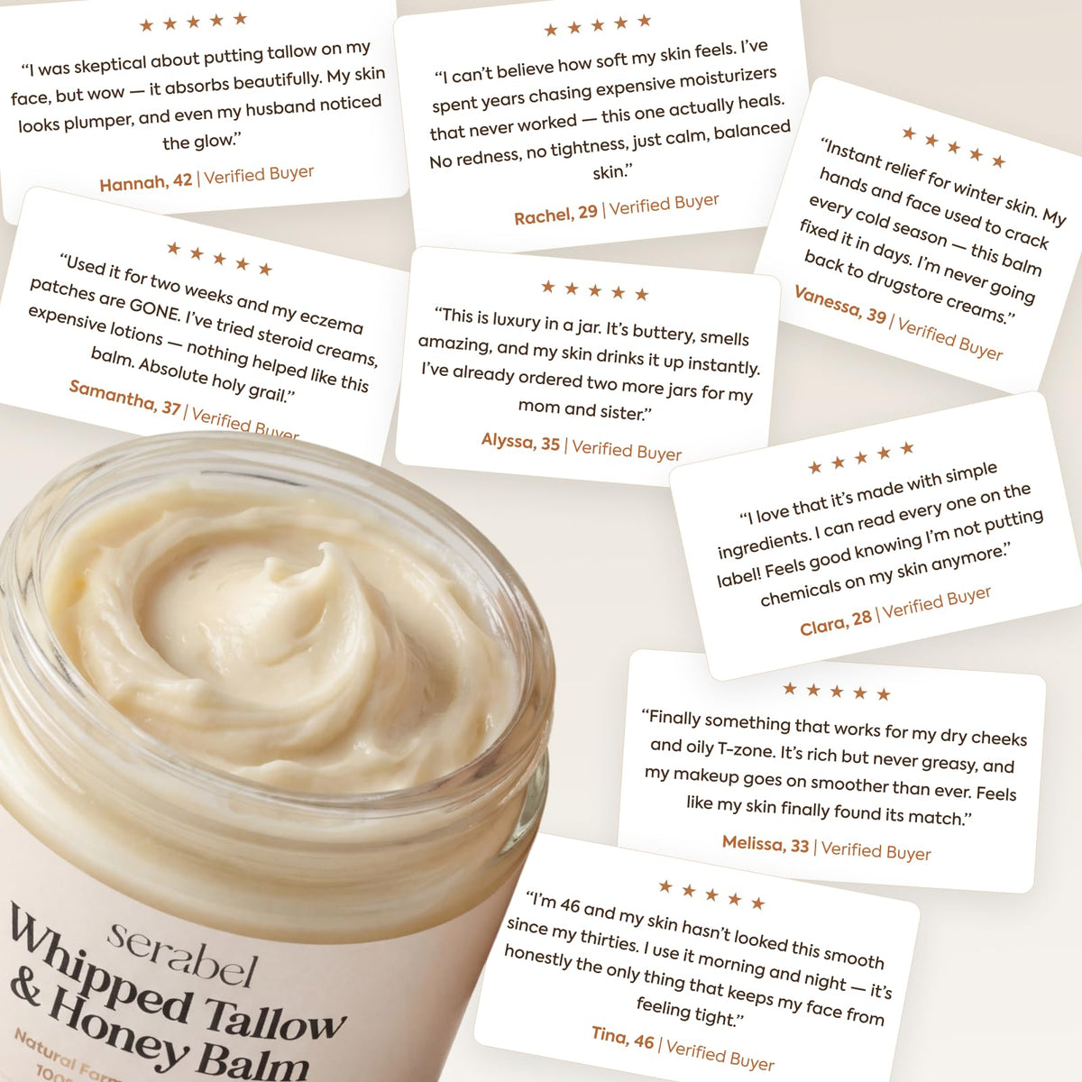 SERABEL Tallow and Honey Balm premium ingredients; grass-fed tallow and raw honey