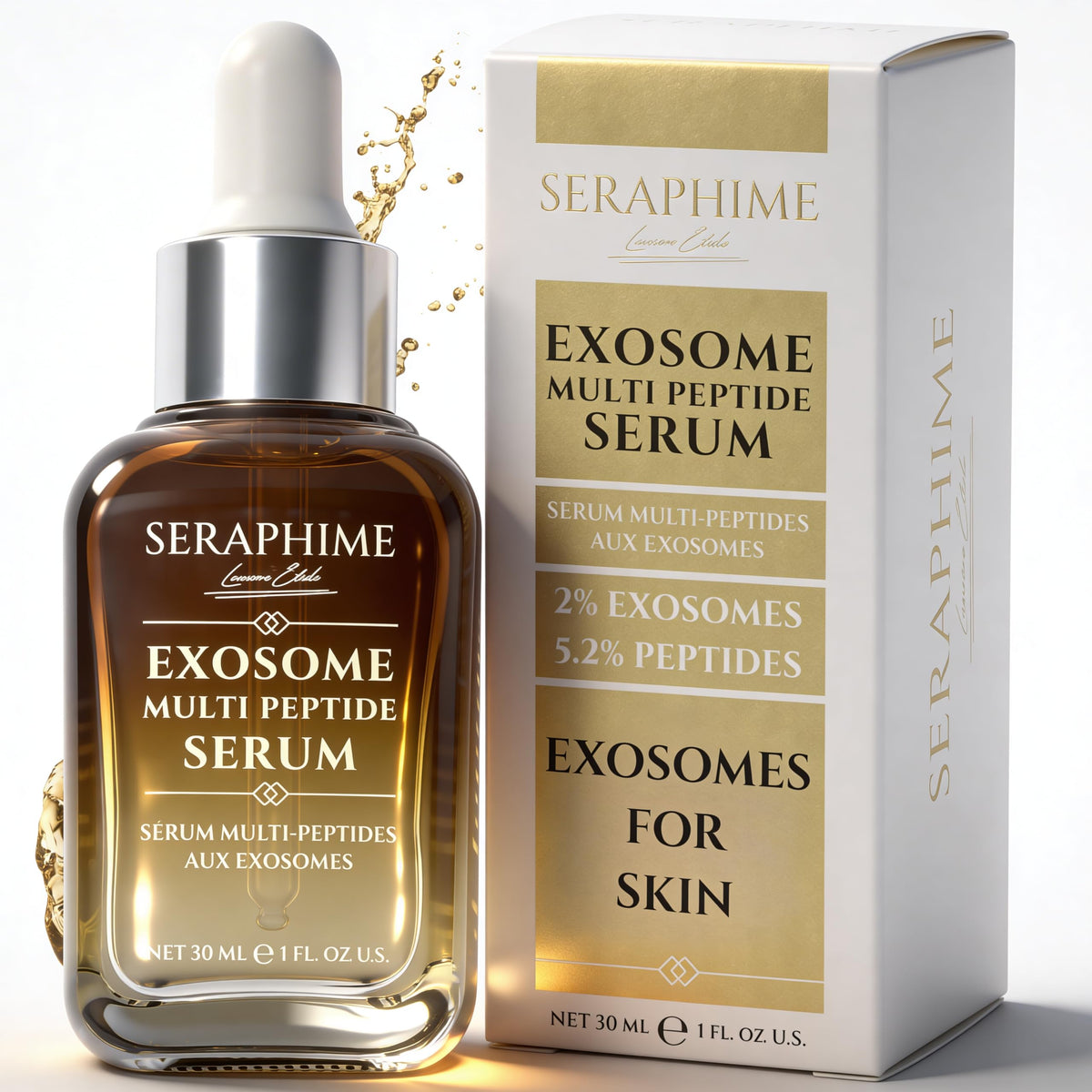 Seraphime Exosome Serum bottle showcases a premium formula for a smoother, brighter complexion.