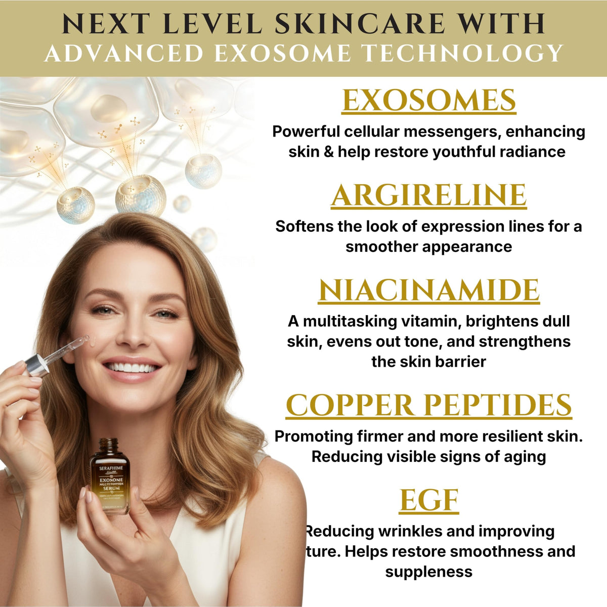 Seraphime Exosome Serum texture close-up shows a lightweight, fast-absorbing formula.