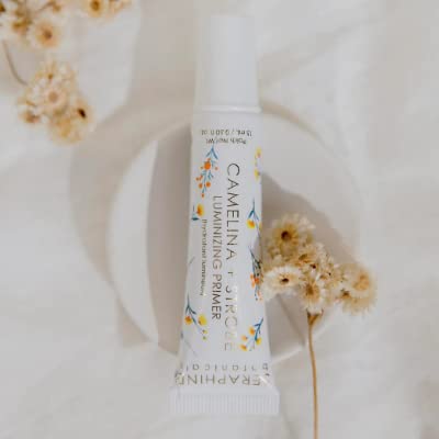 Seraphine Camelina + Strobe primer helps base with a luminous finish.