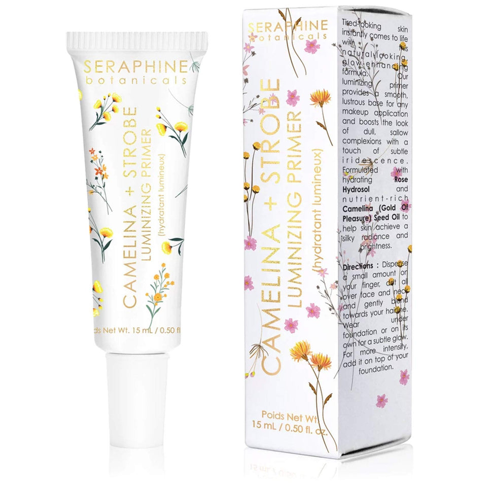 Seraphine Botanicals Camelina + Strobe primer provides radiant, smooth makeup base.