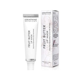 Seraphine Botanicals Fruit Butter Restorative Lip Mask dewy-finish close-up shows rich nourishment.