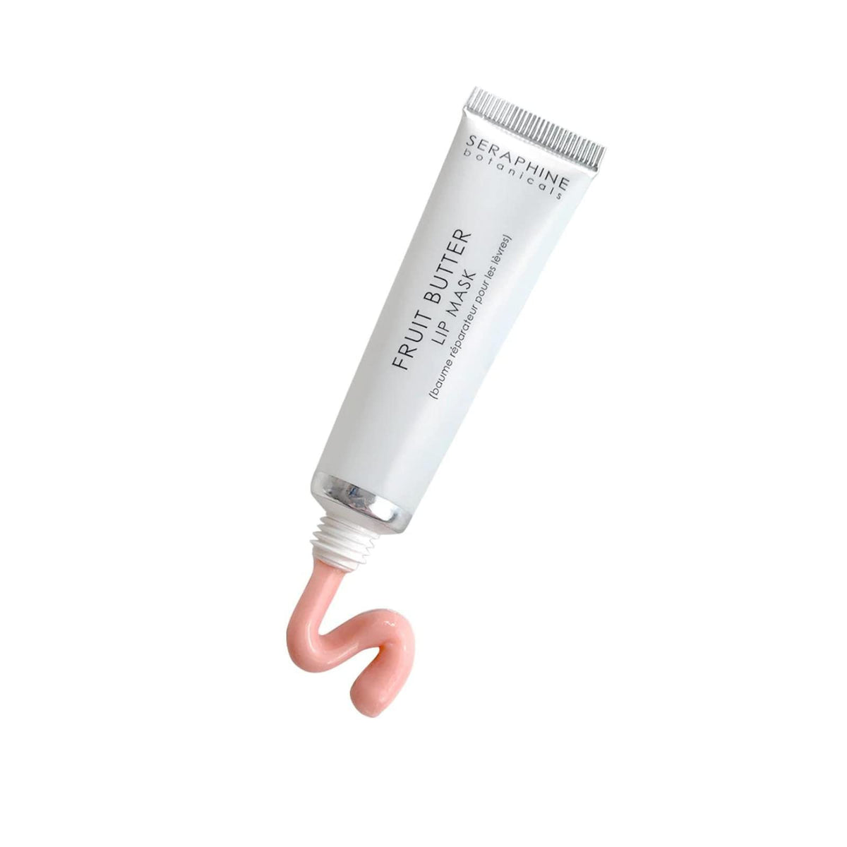 Seraphine Botanicals Fruit Butter Restorative Lip Mask texture-application image highlights dewy finish.