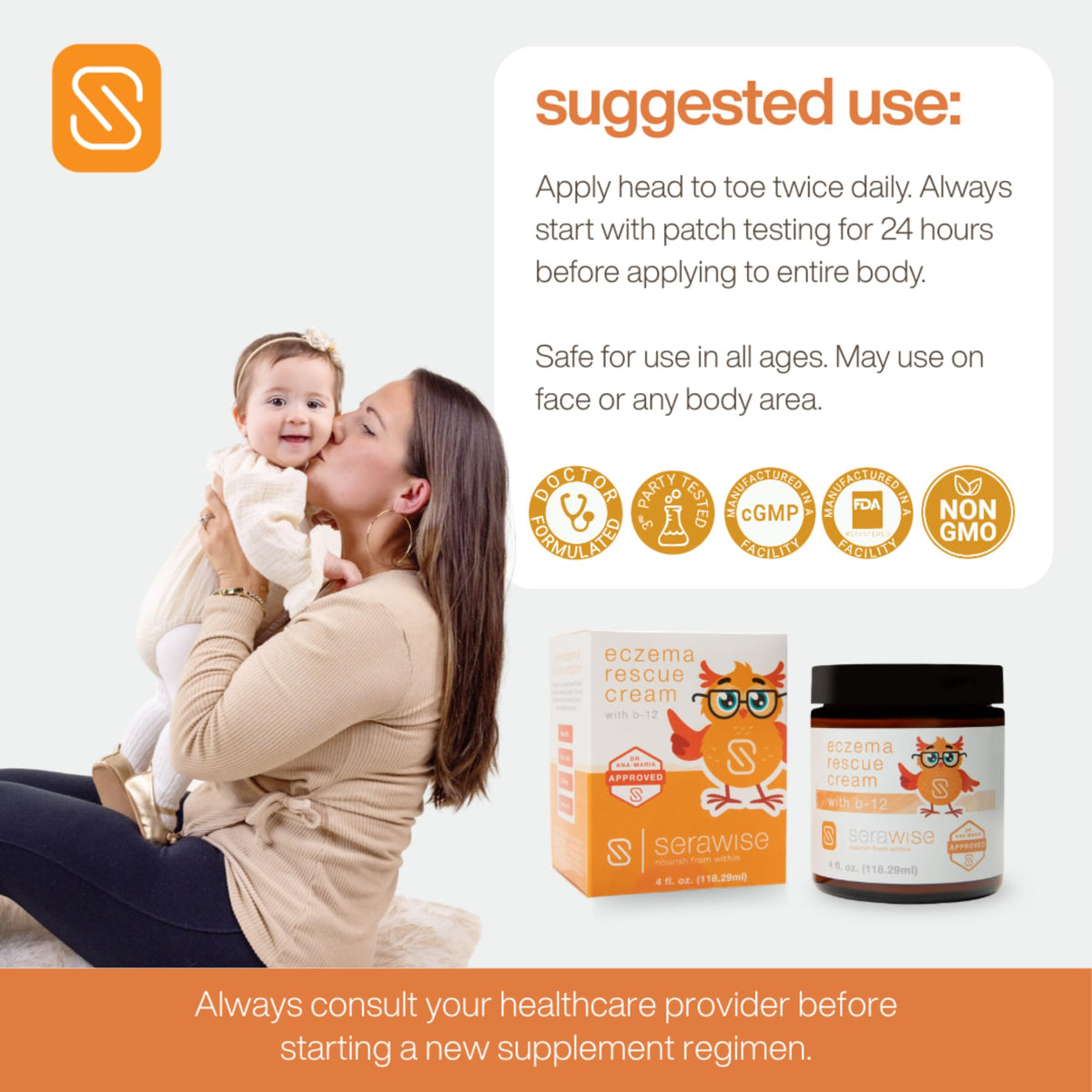 Serawise face and body use demonstrates all-ages safety.