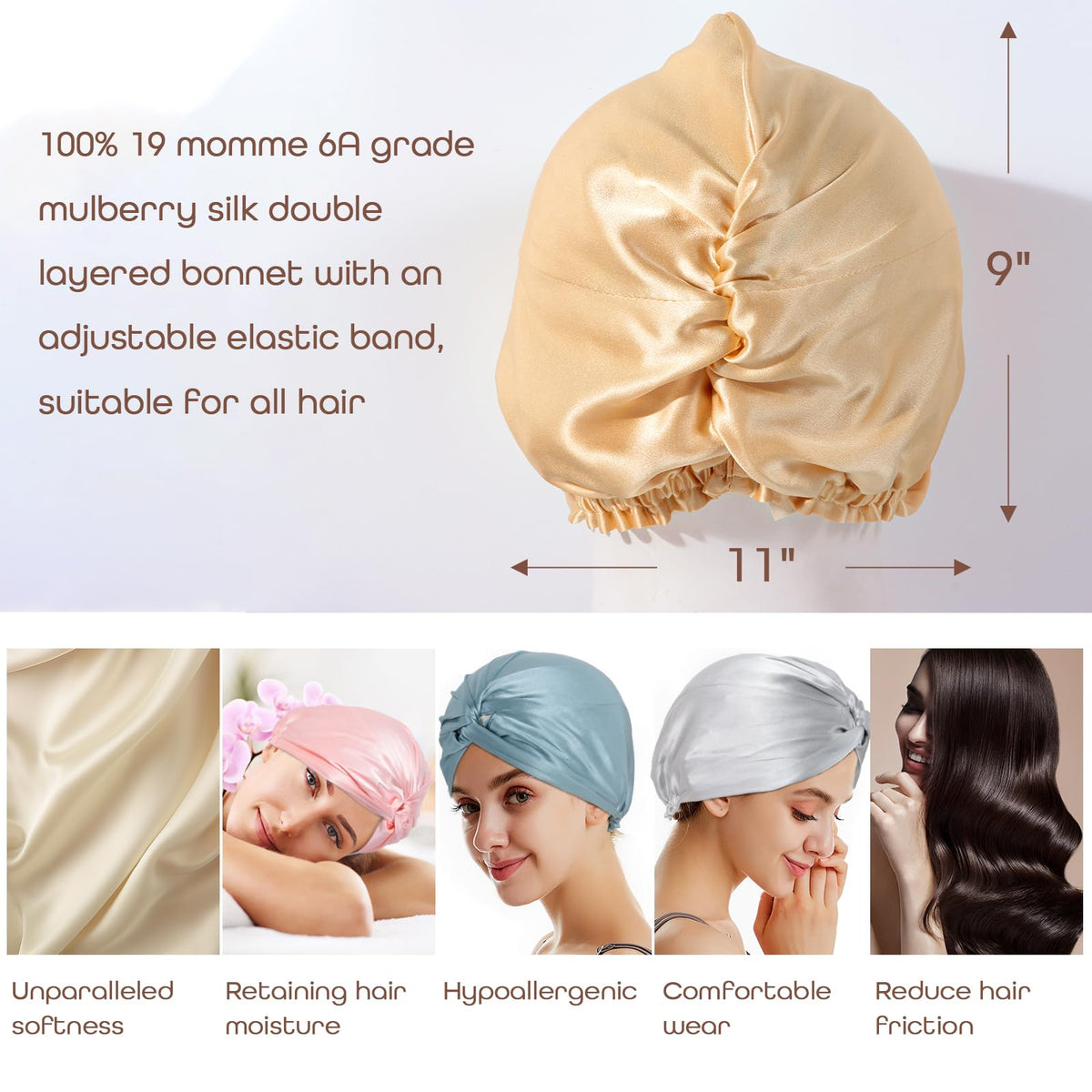 SereLune adjustable-band silk bonnet with elastic back for secure, comfortable fit.