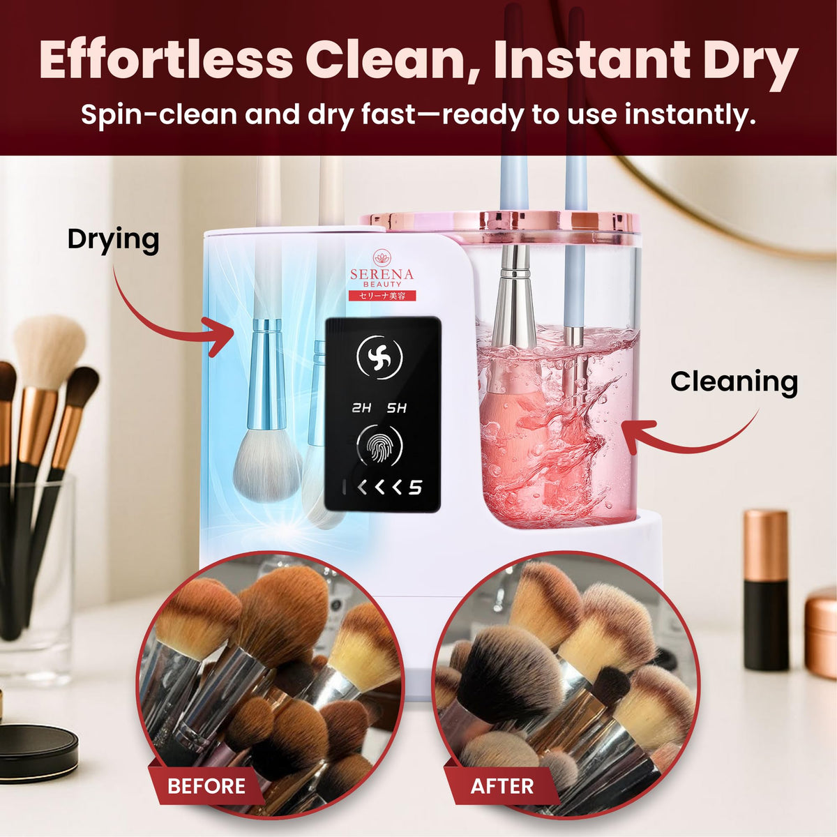 Serena Beauty 5-minute cycle delivers quick, thorough brush cleaning