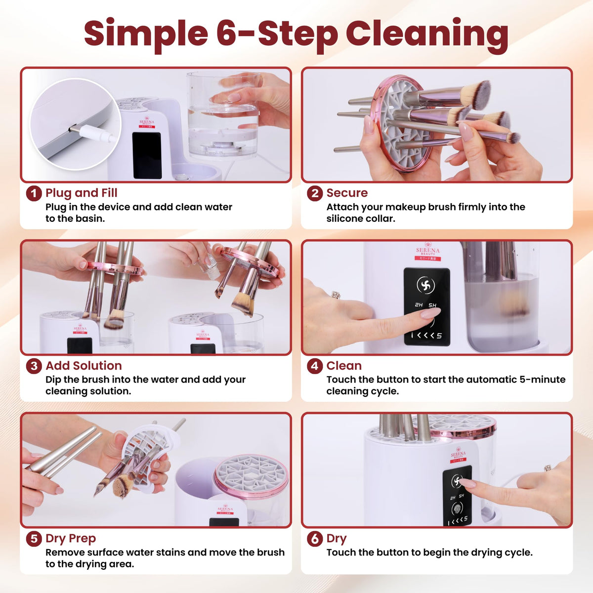 Serena Beauty one-button operation for hands-free cleaning