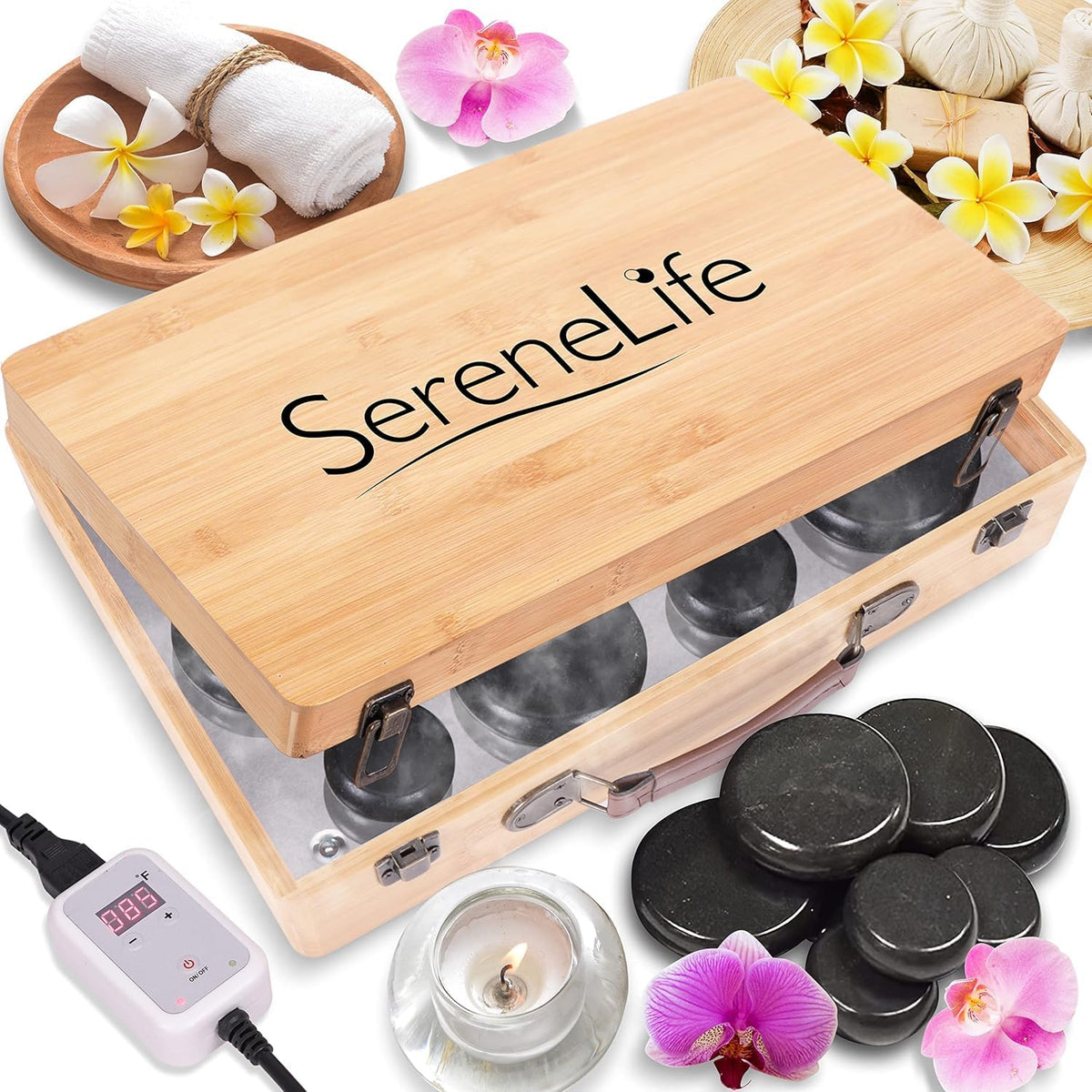 SereneLife hot stone set with 12 stones and bamboo heater case for spa-quality warmth
