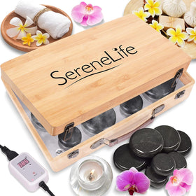 SereneLife hot stone set with 12 stones and bamboo heater case for spa-quality warmth