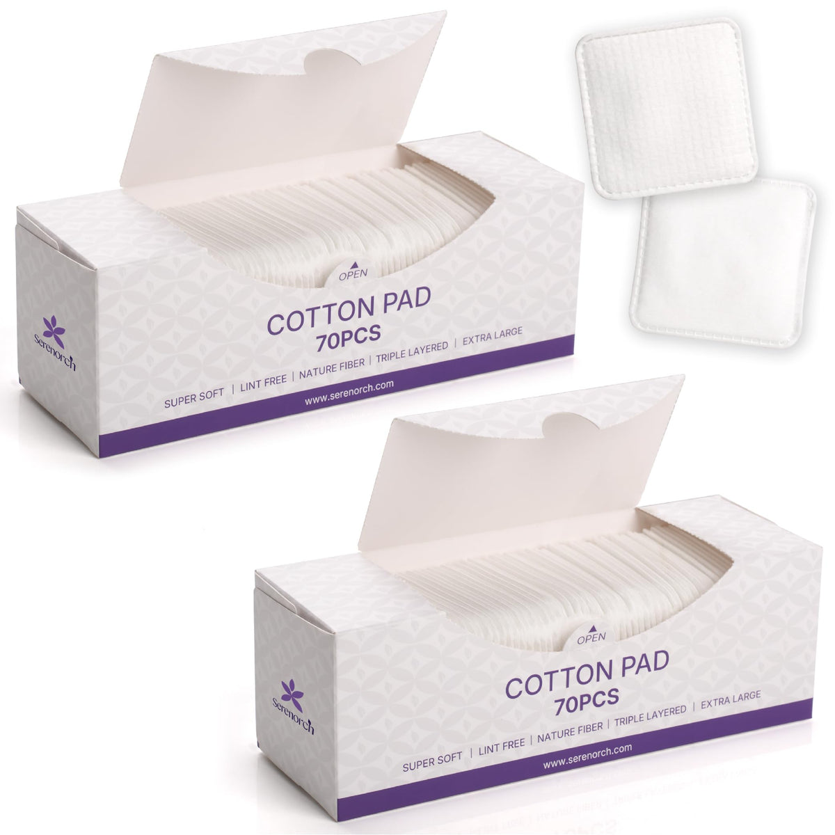 Serenorch extra-large 3x3-inch cotton pad for efficient face cleansing and makeup removal.