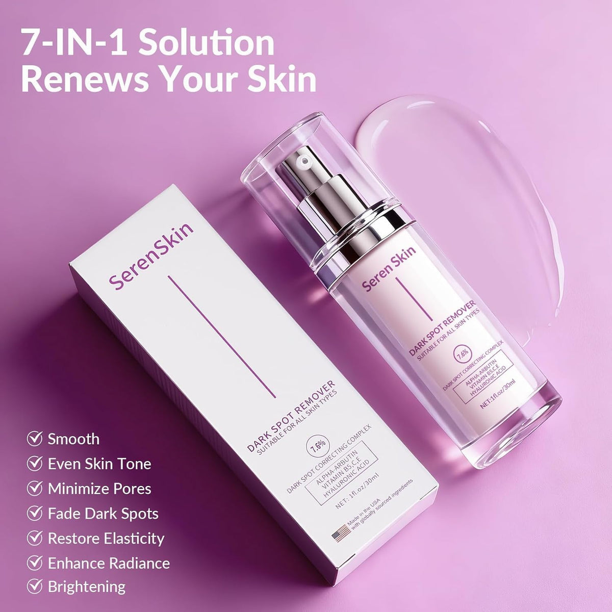 SerenSkin serum on knee and elbow to smooth pigmentation.