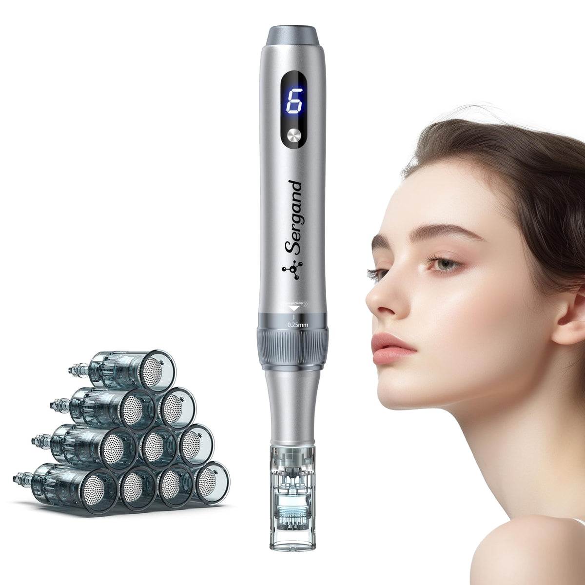 Sergand Derma Roller in use in a bathroom setting