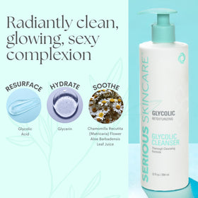 Serious Skincare Glycolic Cleanser closeup shows creamy lather for gentle exfoliation