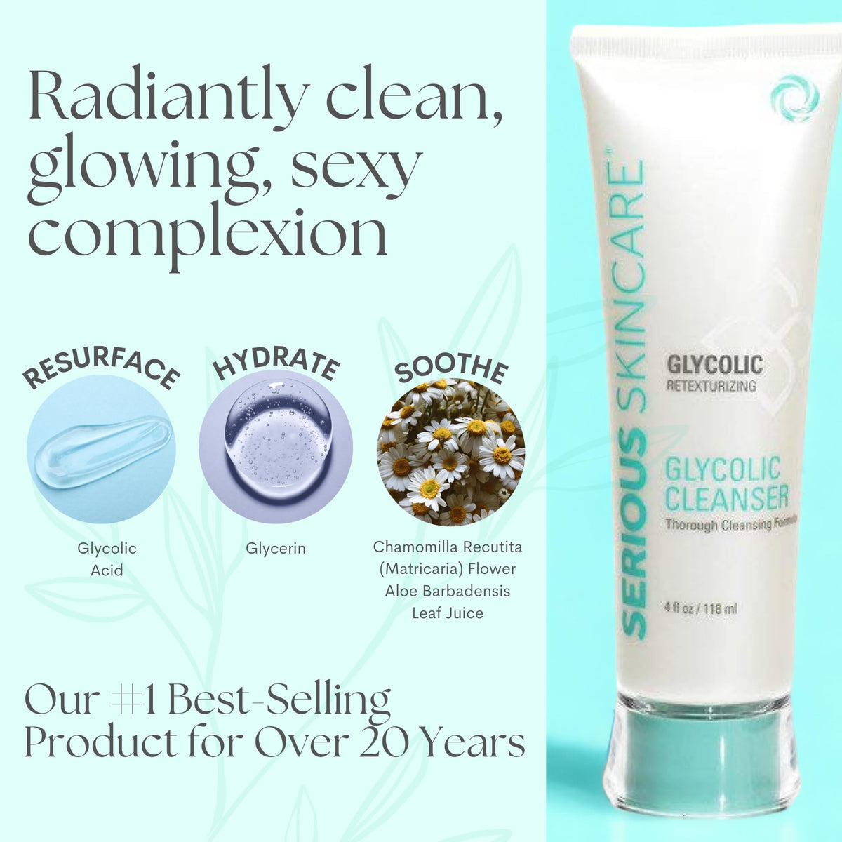 Front angled view of Serious Skincare Glycolic Cleanser emphasizing gentle daily exfoliation