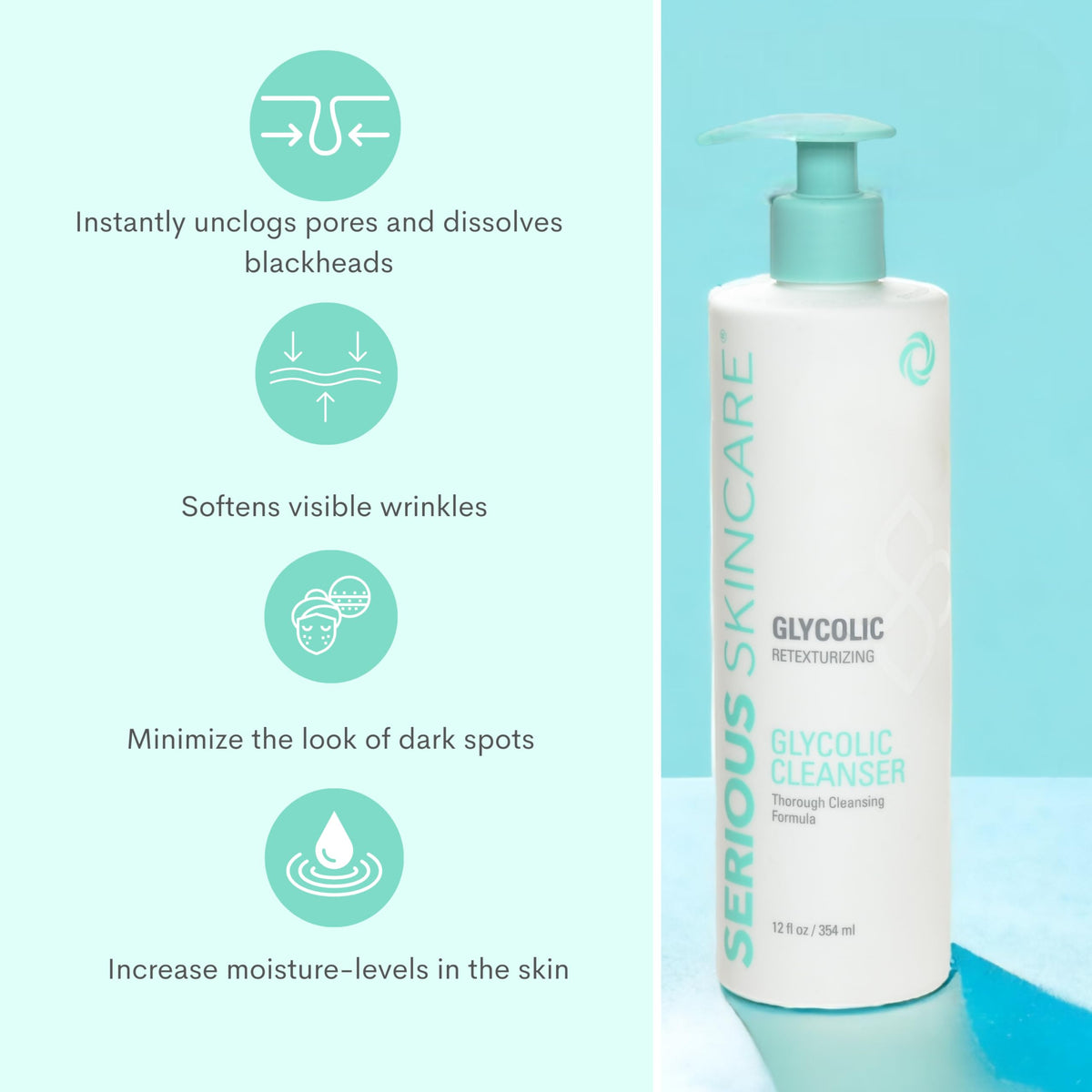 Serious Skincare Glycolic Cleanser rinse scene highlights oil free finish