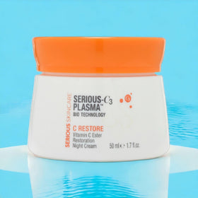 Serious Skincare Serious-C3 Plasma Restore packaging backdrop with premium skincare vibe