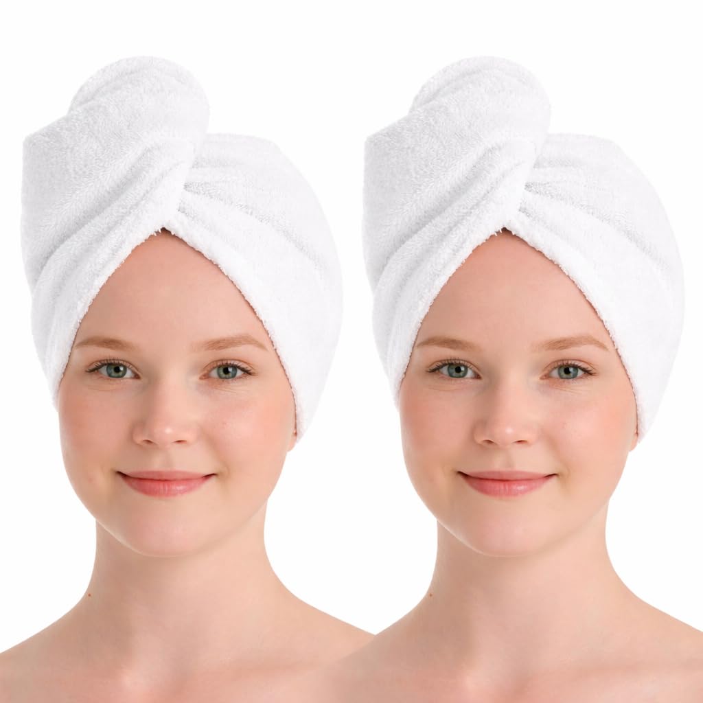 Seritaine hair towel wrap worn on the head, showcasing quick-dry performance for wet hair.