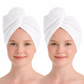 Seritaine hair towel wrap worn on the head, showcasing quick-dry performance for wet hair.