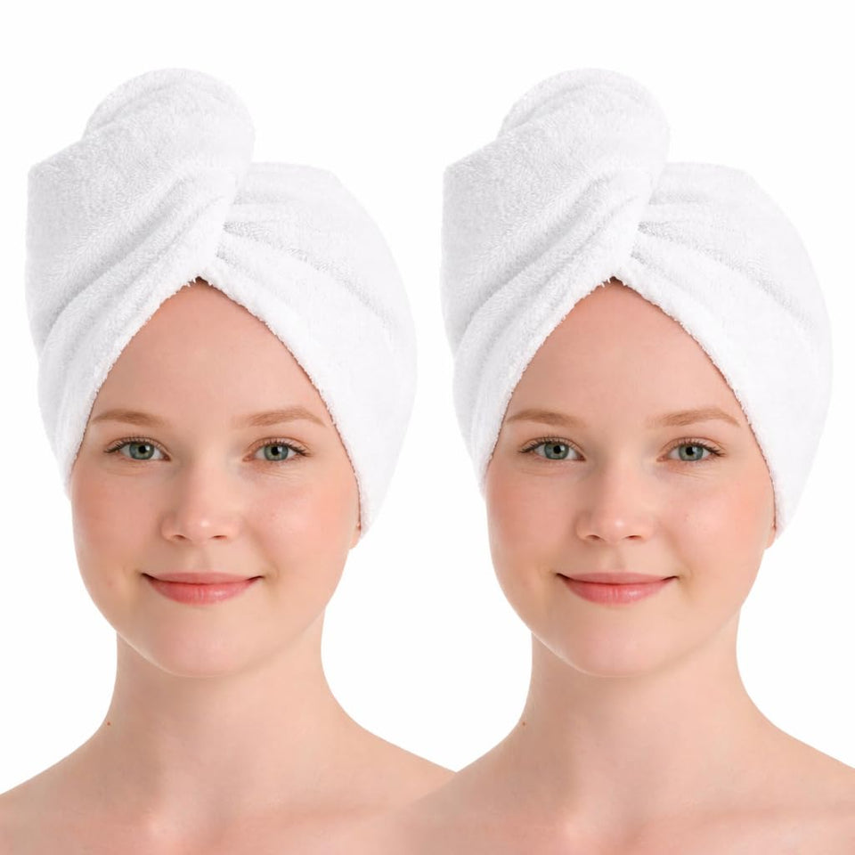 Seritaine hair towel wrap worn on the head, showcasing quick-dry performance for wet hair.