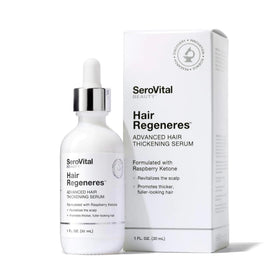 Serovital hair thickening serum bottle ready for nightly use for fuller-looking hair.