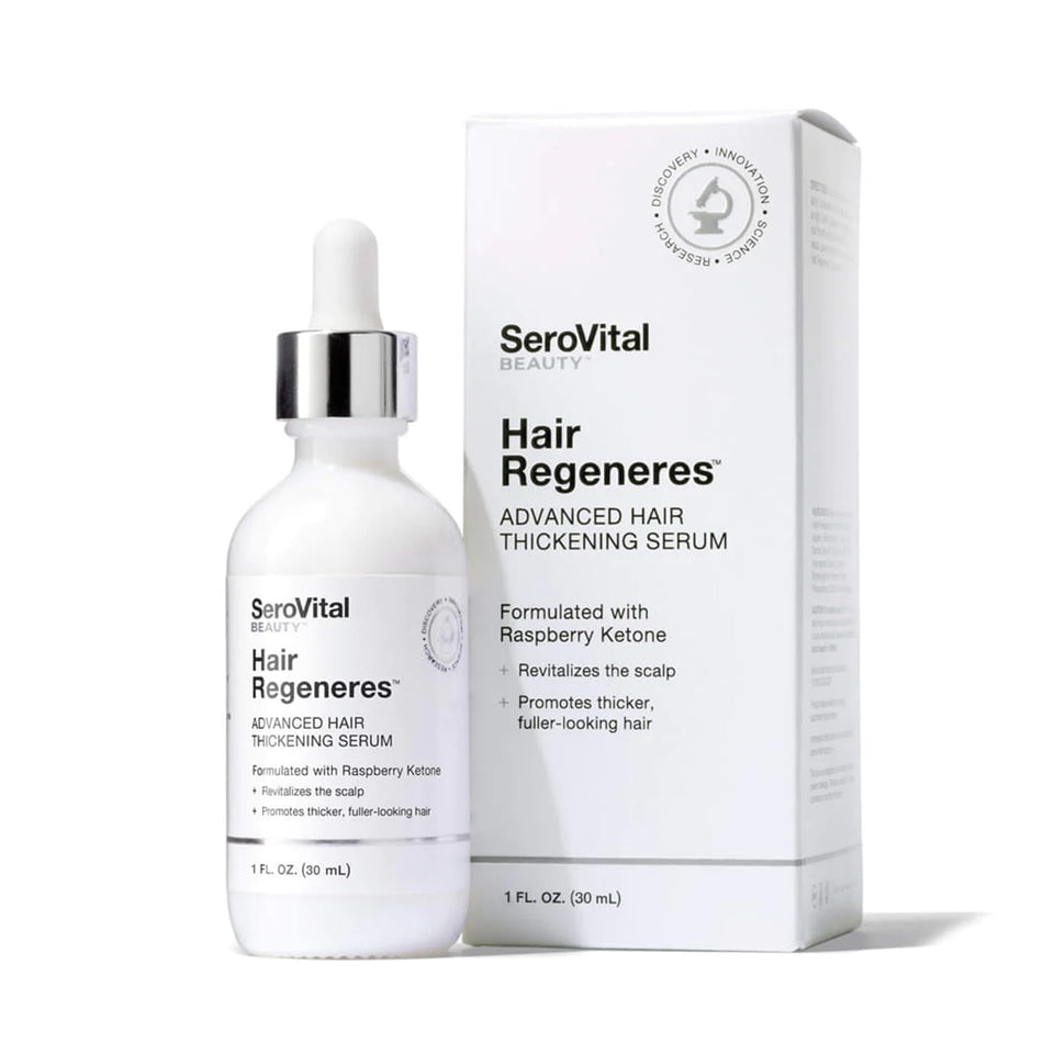 Serovital hair thickening serum bottle ready for nightly use for fuller-looking hair.
