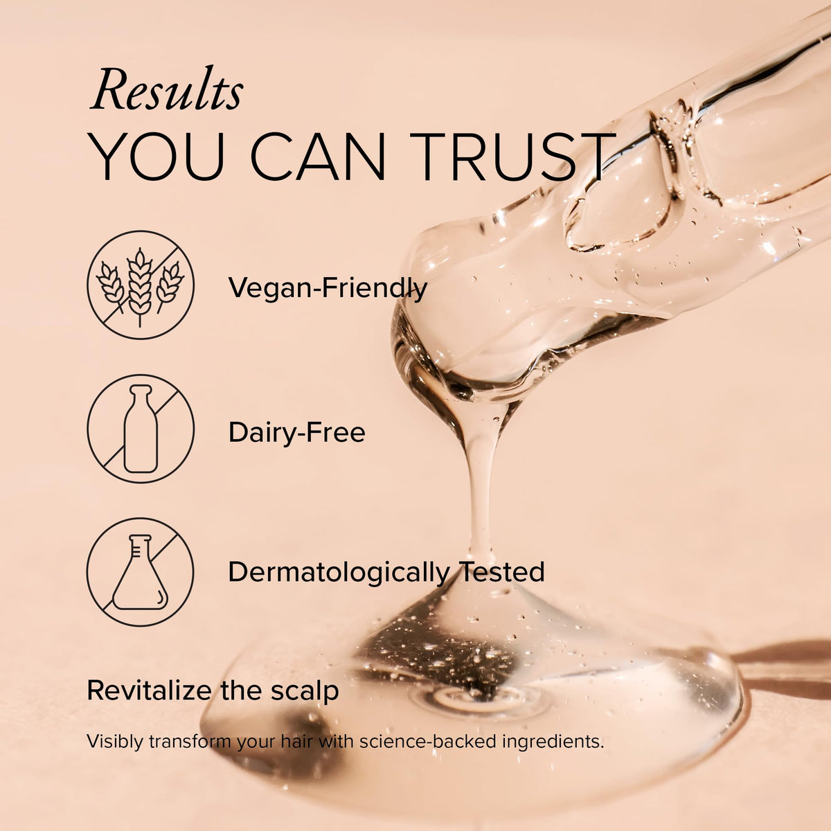 Texture detail shows lightweight, non-greasy serum being absorbed at the scalp.