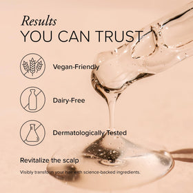 Texture detail shows lightweight, non-greasy serum being absorbed at the scalp.