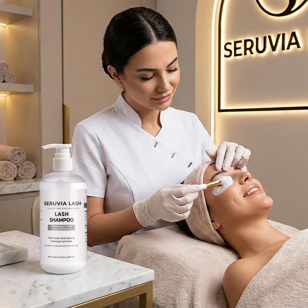 Seruvia Lash 500ml refill liquid for oil-free lash cleansing.