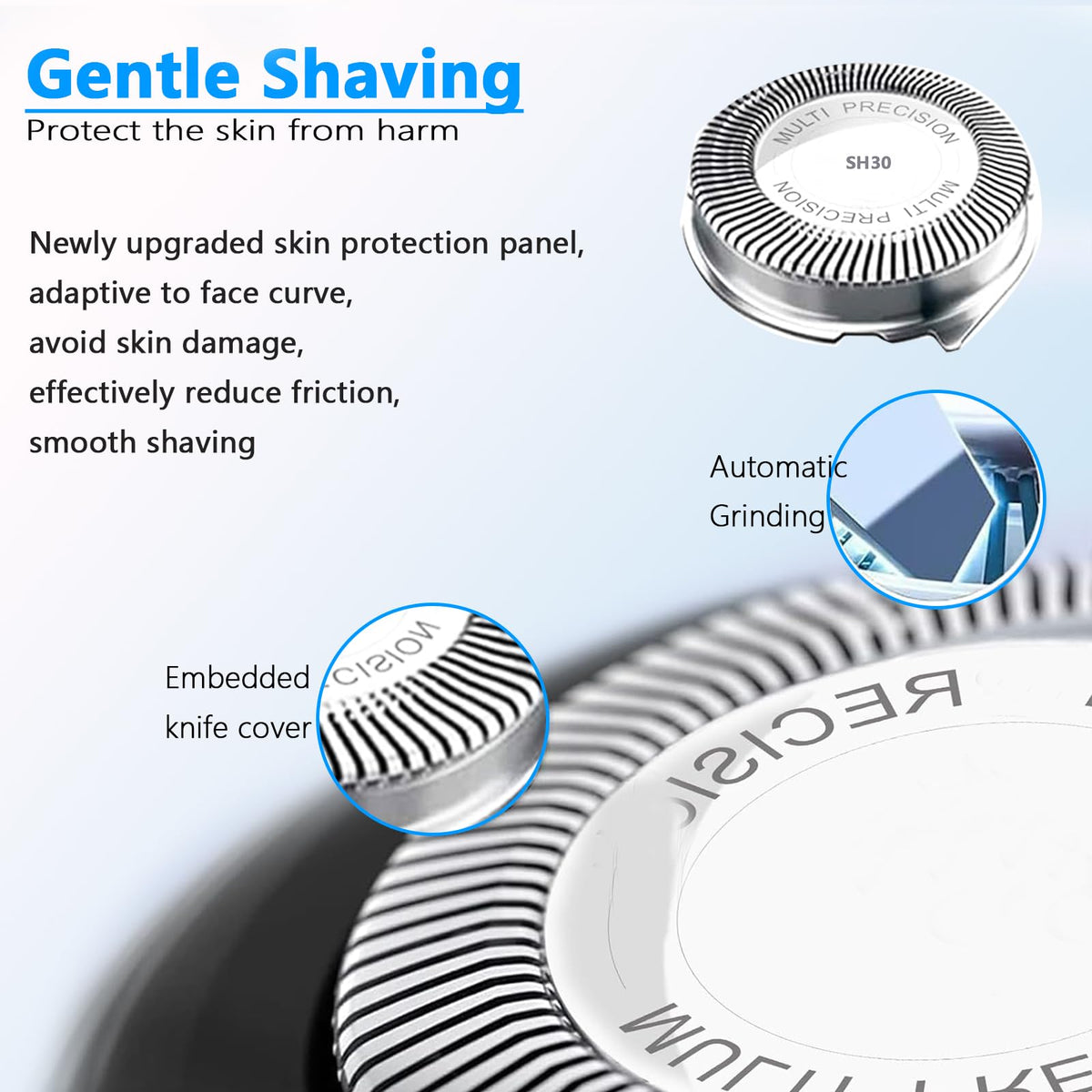 Rounded-edge SH30 heads prevent nicks for a comfortable dry shave.