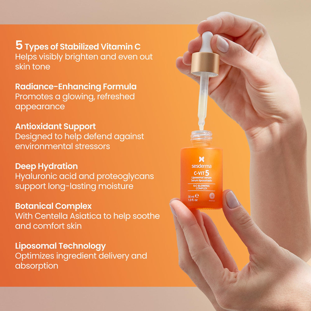 Sesderma C-VIT 5 Fusion serum being applied to the face for hydration.