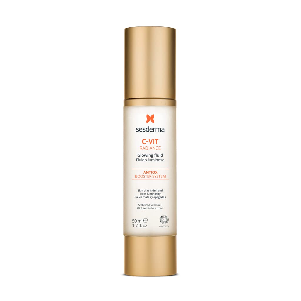 Sesderma C-VIT Radiance Glowing Fluid application closeup emphasizes hydration and glow.