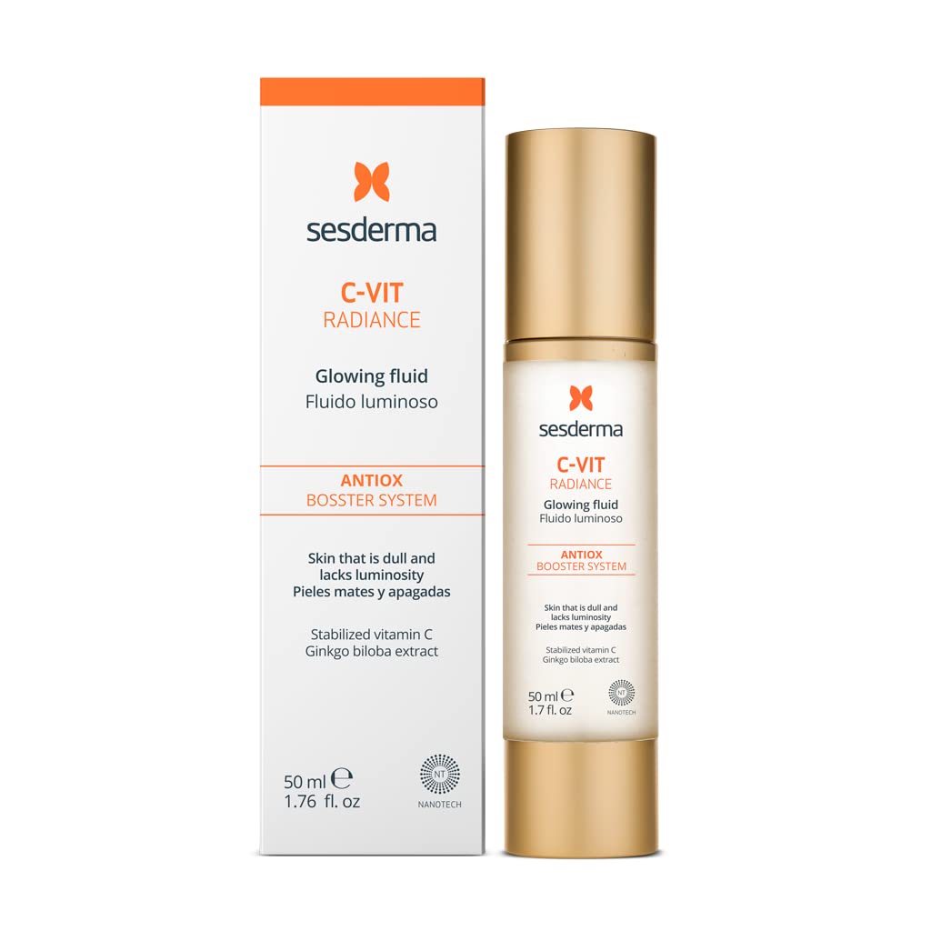 Sesderma C-VIT Radiance Glowing Fluid bottle shows brightening and antioxidant hydration.