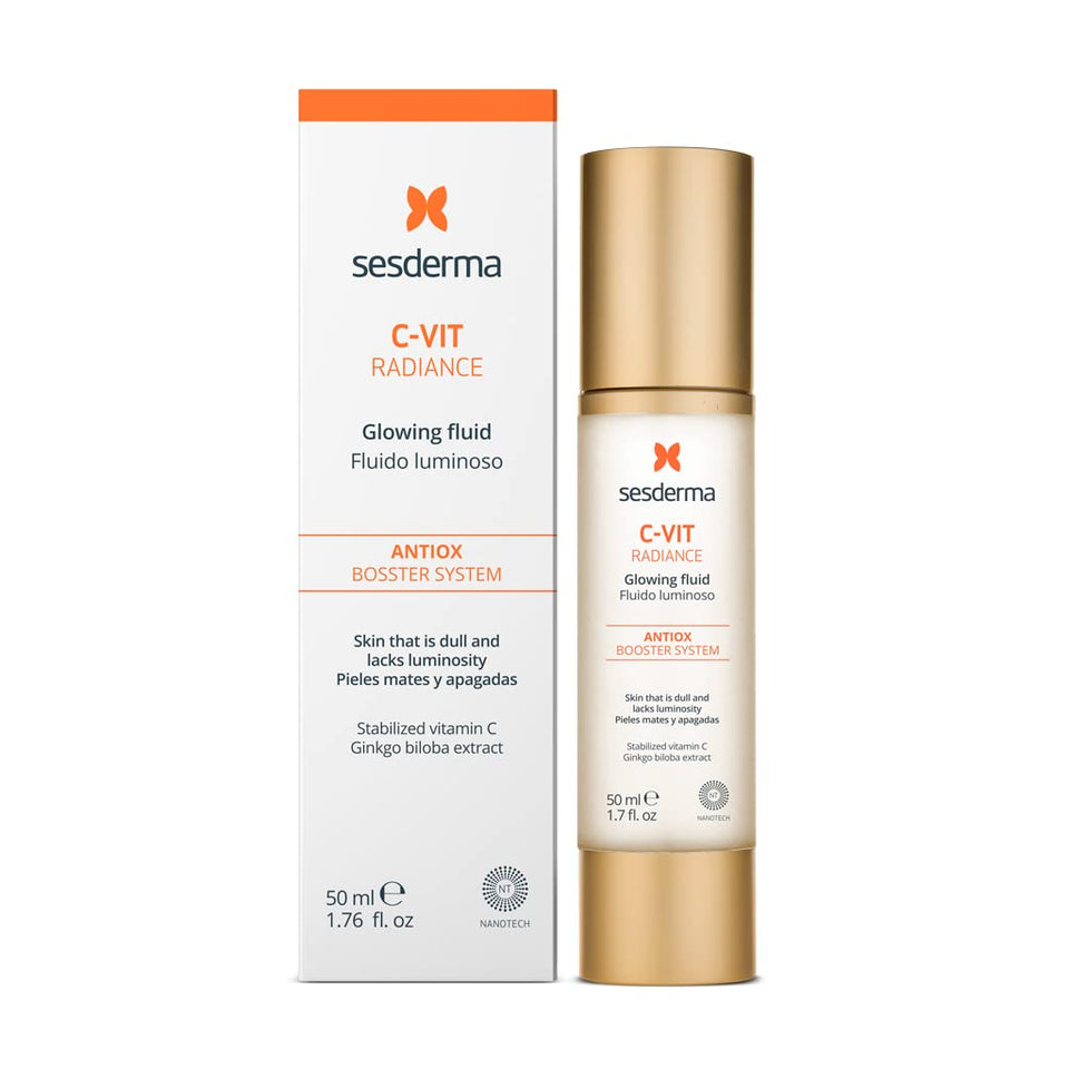 Sesderma C-VIT Radiance Glowing Fluid bottle shows brightening and antioxidant hydration.