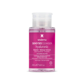 Sesderma SENSYSES Hyaluronic Cleanser bottle pour – hydrating micellar cleanser for all skin types.