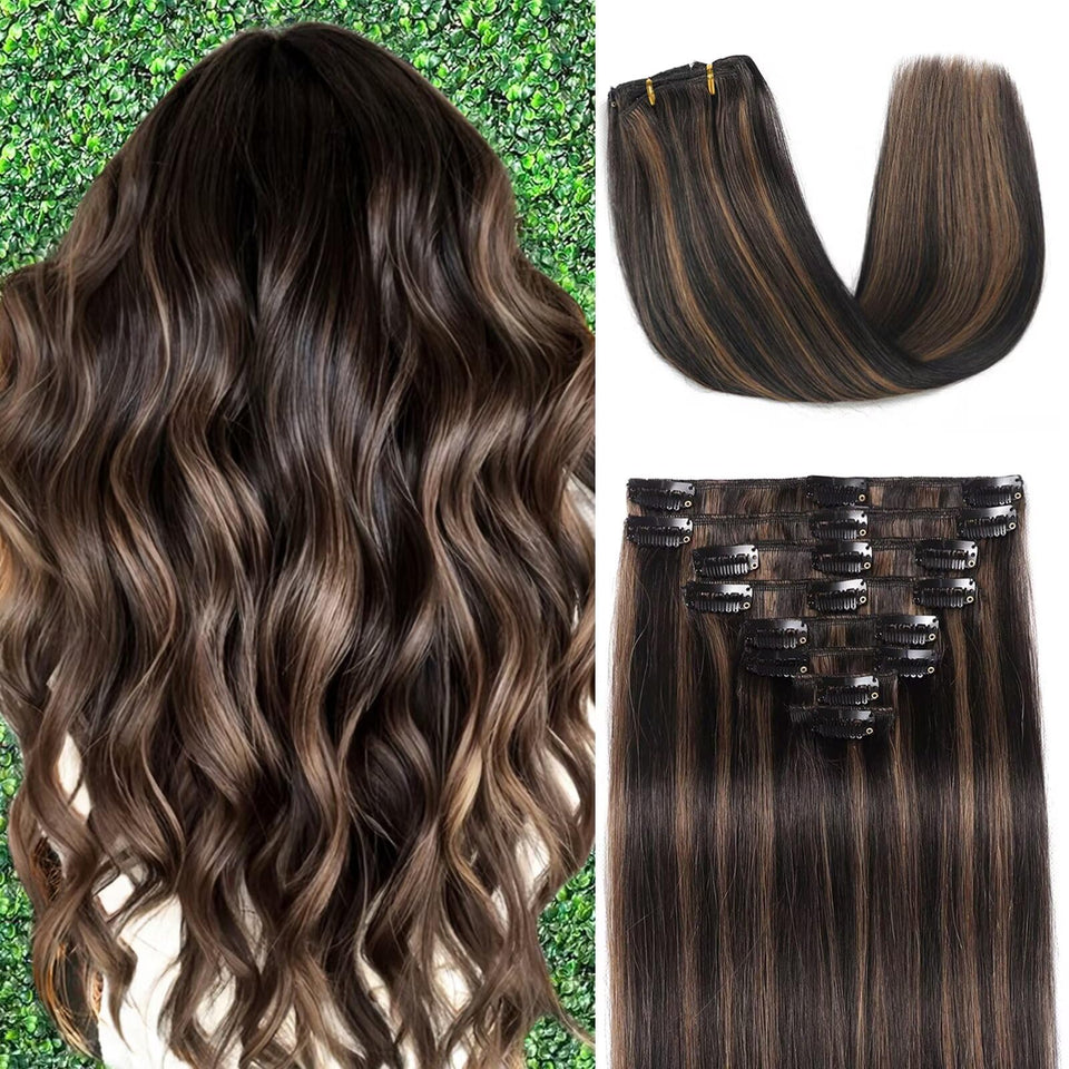 Setible clip-in hair extensions 18-inch blend seamlessly with natural hair for added volume.