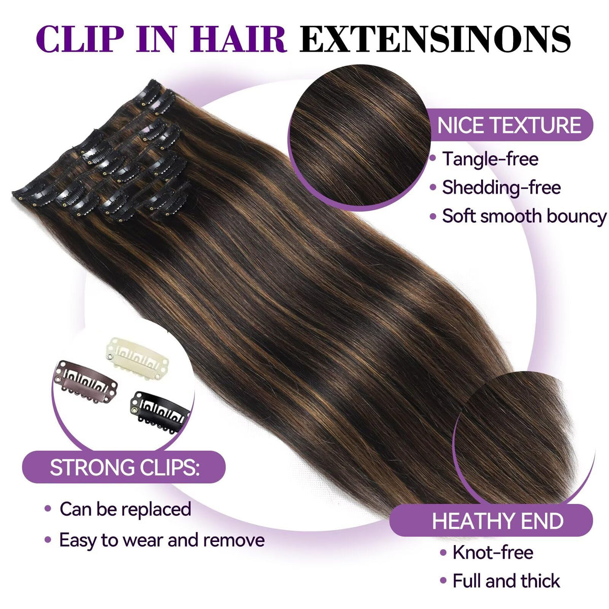 Setible real-human-hair clip-ins with double-weft for secure, durable styling.