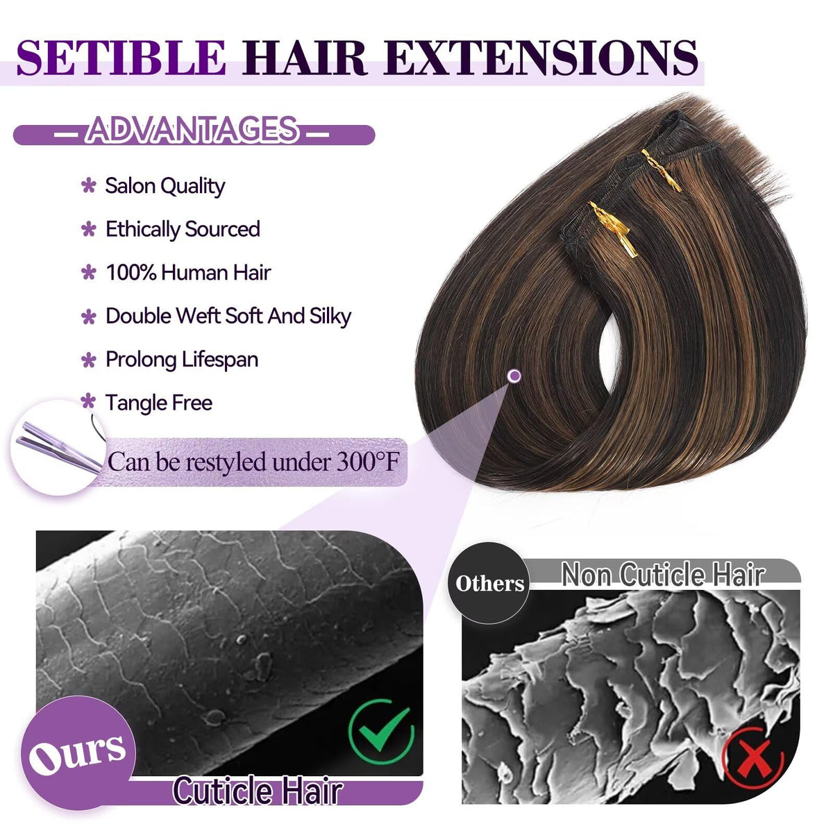 Setible seamless clip-ins blend with roots for natural-looking volume and length.