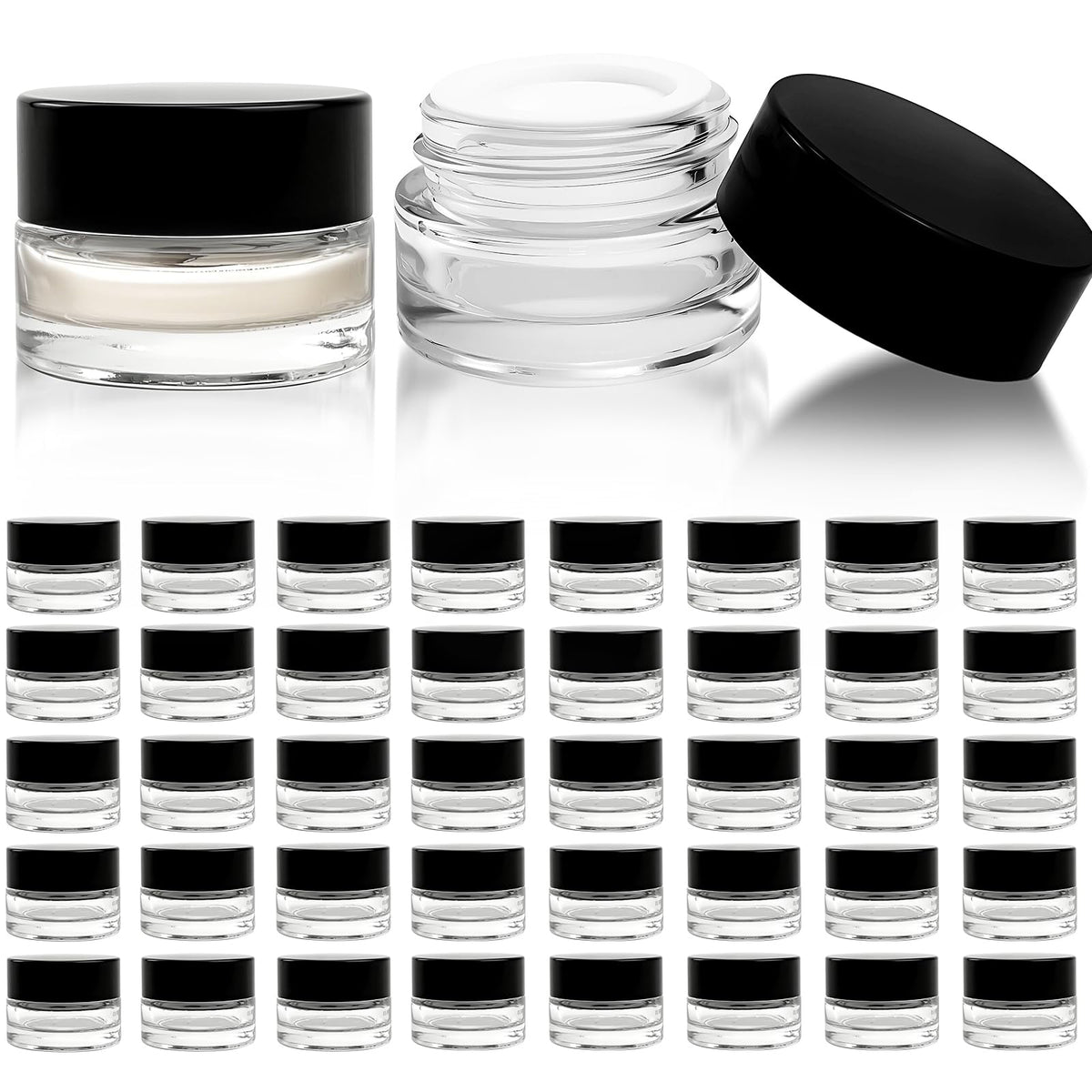 Seuqhck 90 pack 5ml clear glass jars with lids for organized samples.