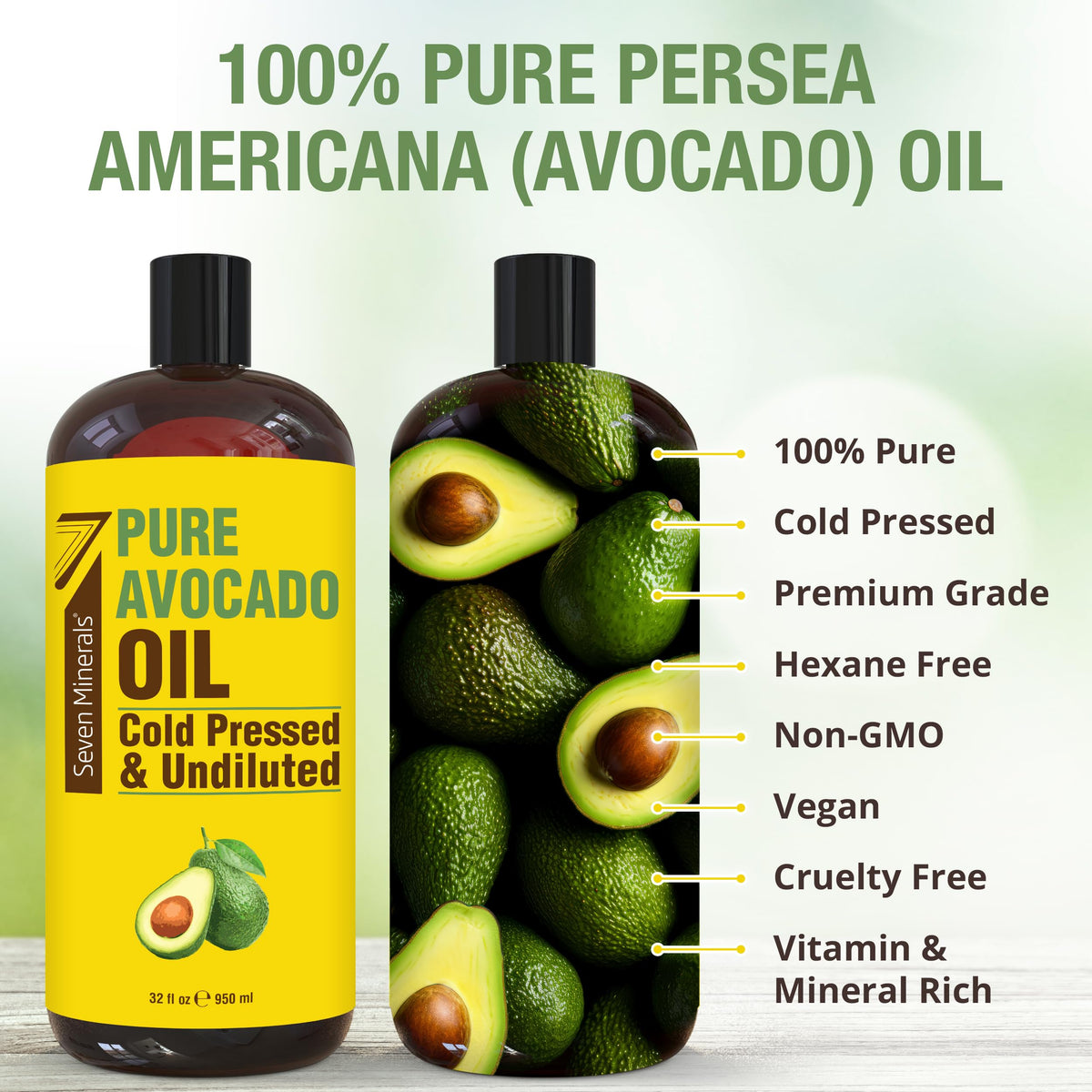Seven Minerals avocado oil 32oz bottle closeup highlighting premium cold-pressed quality.