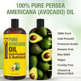 Seven Minerals avocado oil 32oz bottle closeup highlighting premium cold-pressed quality.