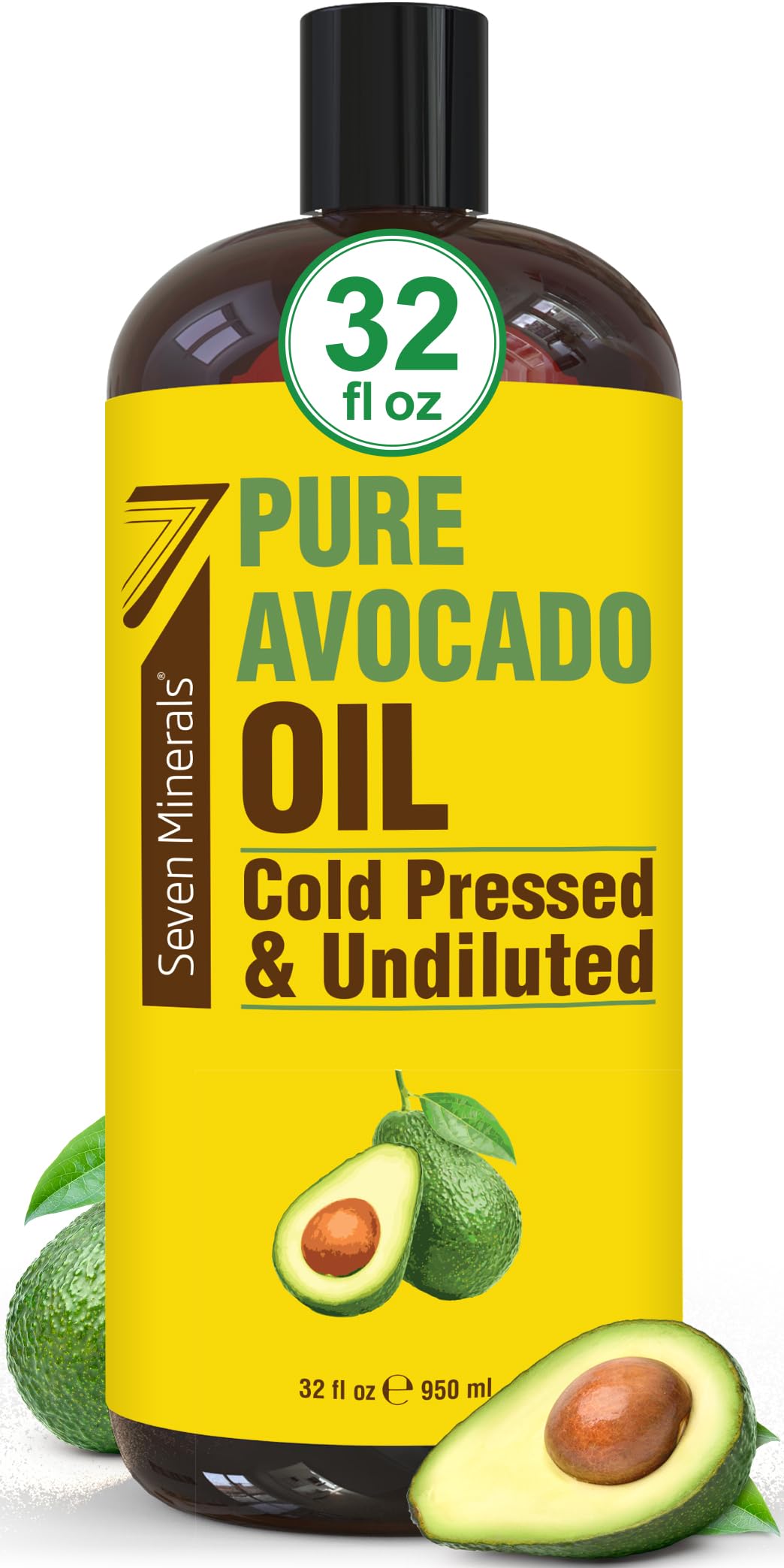 Seven Minerals Avocado Oil 32oz bottle for deep hydration of hair and skin.