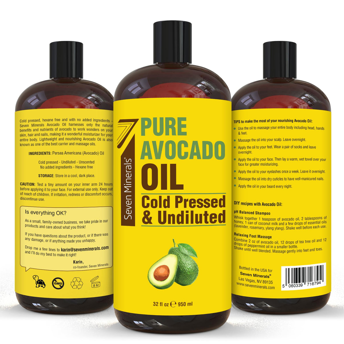Seven Minerals Avocado Oil packaging and safety seals emphasizing hexane-free purity.